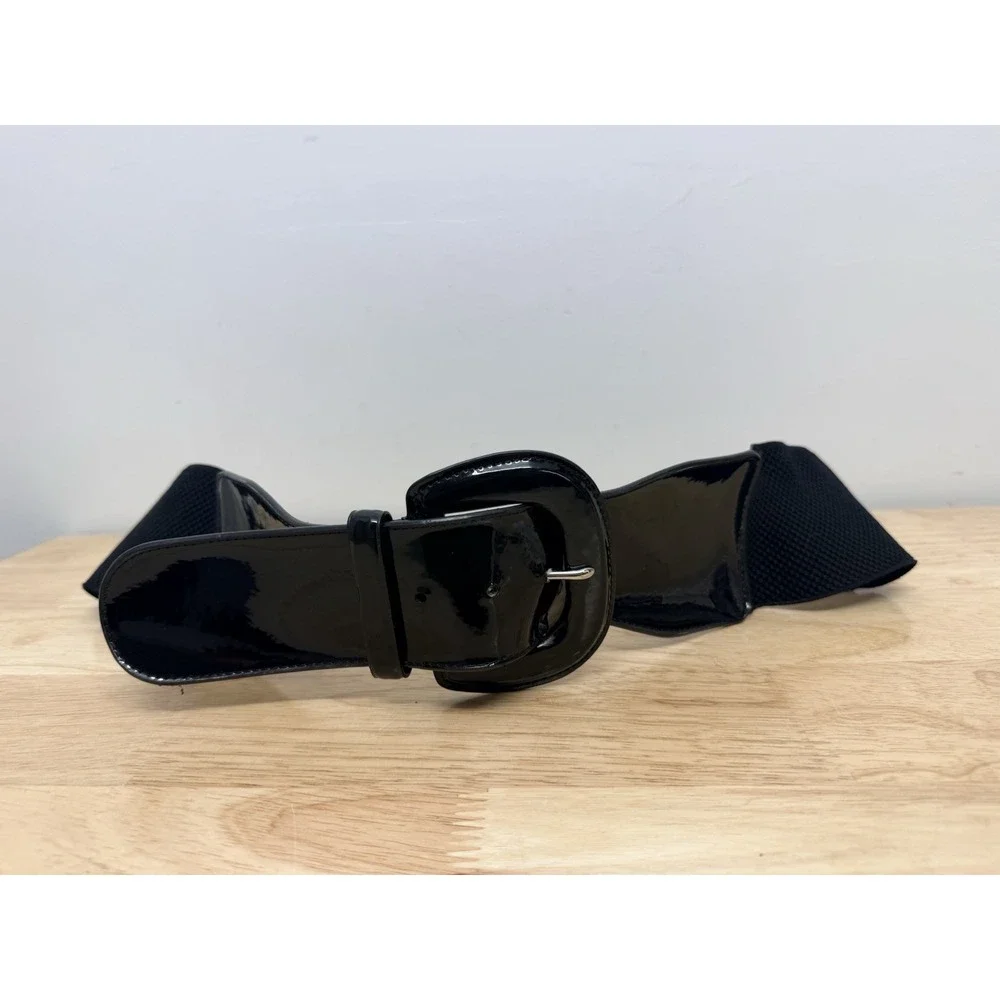 Lauren Ralph Lauren Thick Wide Black Patent Leather Stretch Belt Large #25